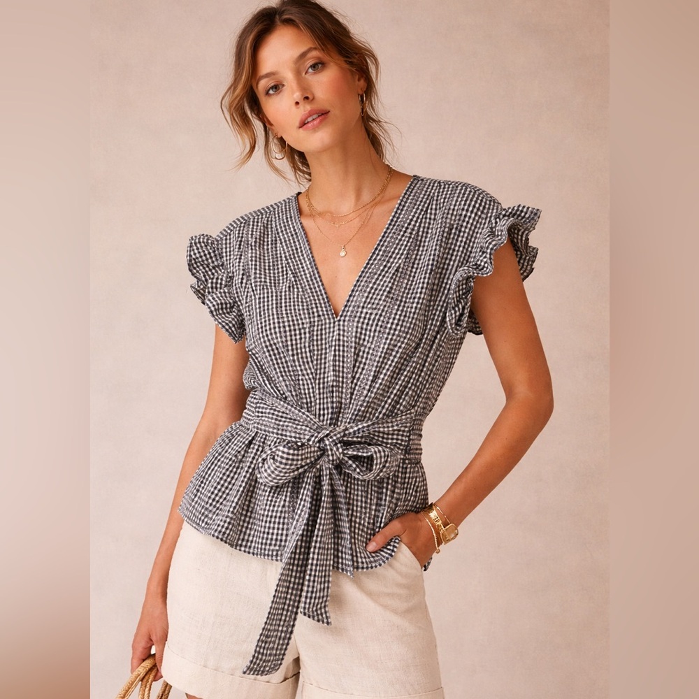 Max Studio Navy and White Gingham Tie-Waist V-Neck Blouse